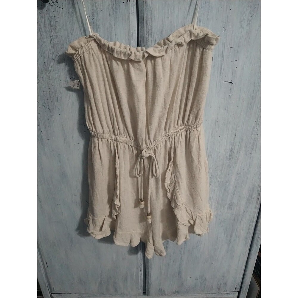 Allie Rose Linen Ruffled Strapless Neutral Romper Sm Boho Beachy Cottage Core